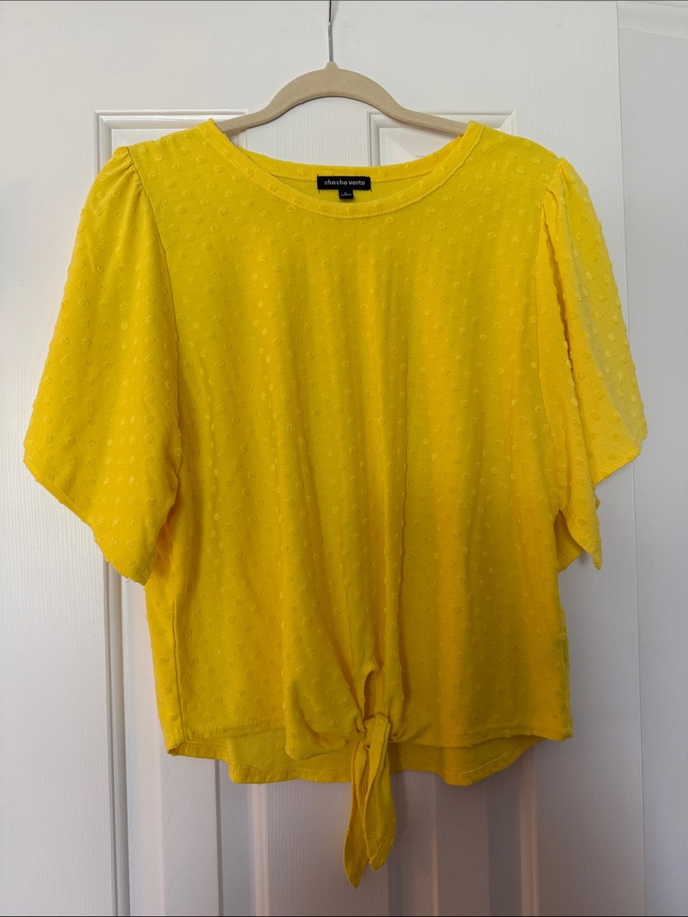 cha cha vente Bright Yellow Tie-Knot Swiss Dot Blouse
